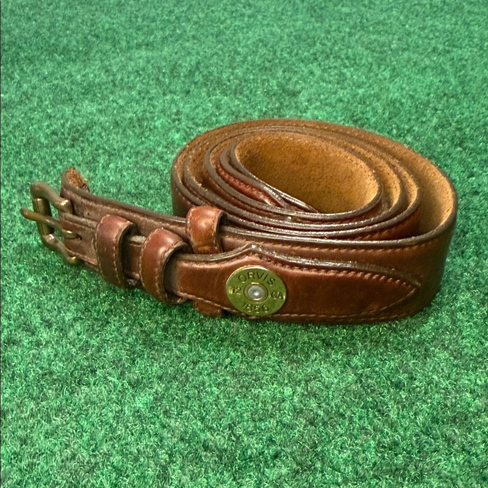 Orvis 12-Gauge Shotgun Brown Leather Belt (Brass Buckle / Size 42)